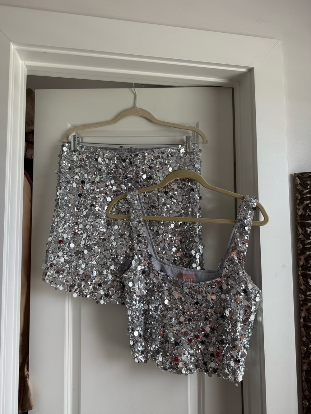 Show Me Your Mumu Silver Sequin Crop Top and Mini Skort Set M/L